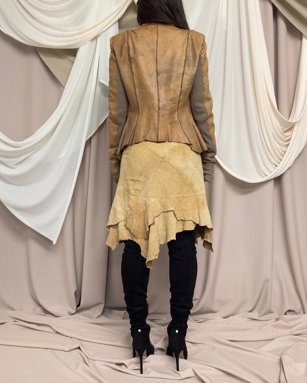 DISTRESSED TAN LEATHER JACKET BY RICK OWENS