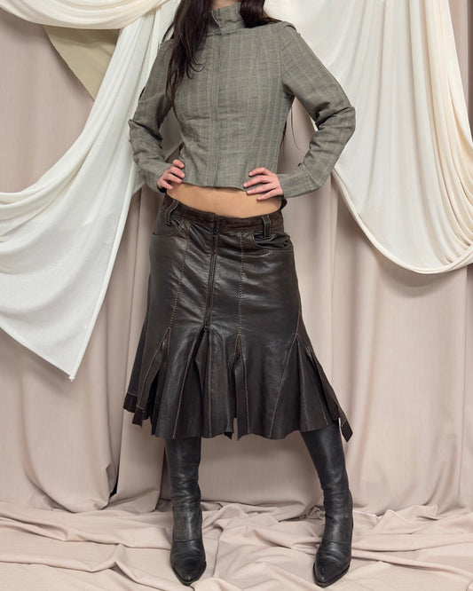 PANELLED BROWN LEATHER SKIRT WITH FLARED SILHOUETTE by Et Compagnie