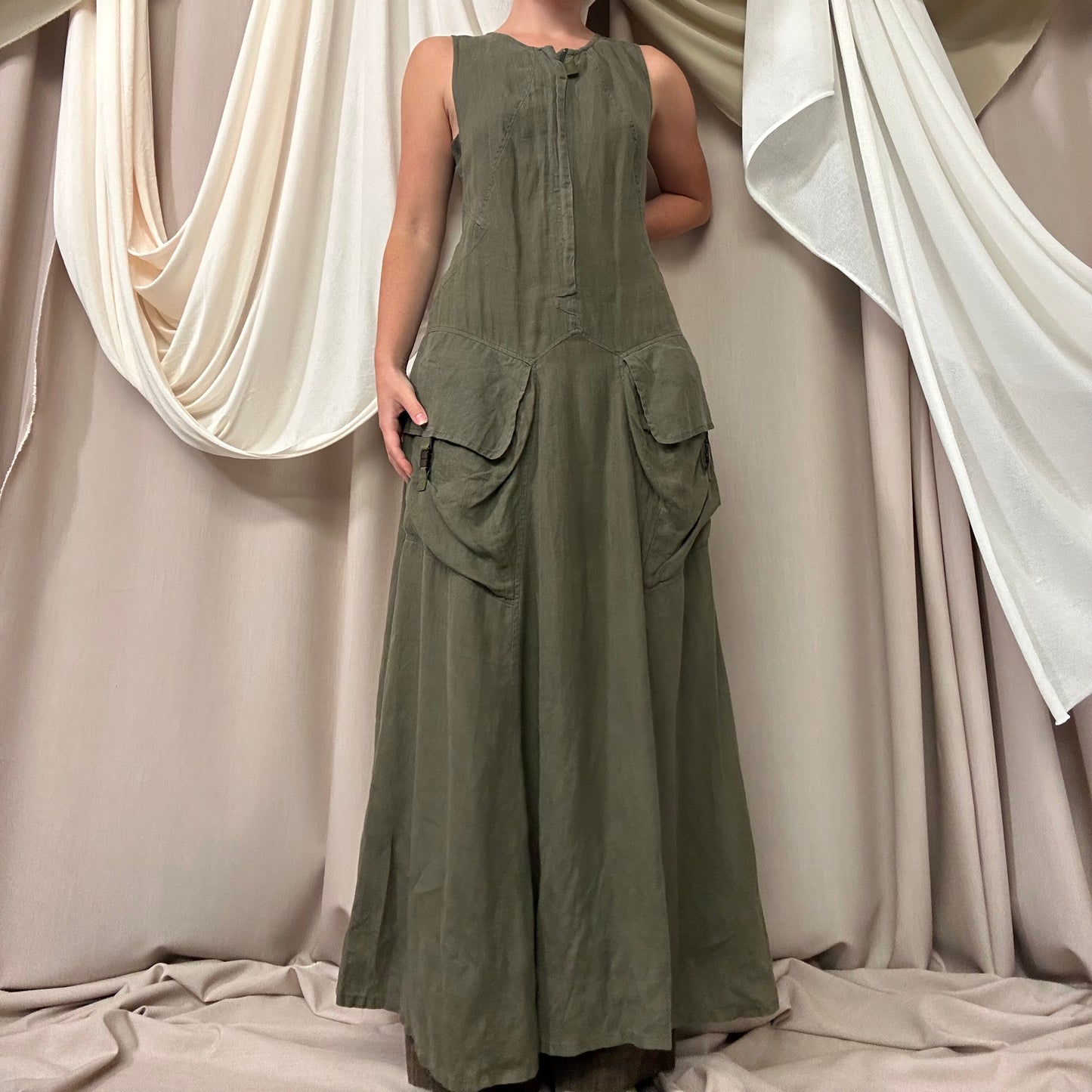 KHAKI LINEN CARGO MAXI DRESS by Marithé + François Girbaud