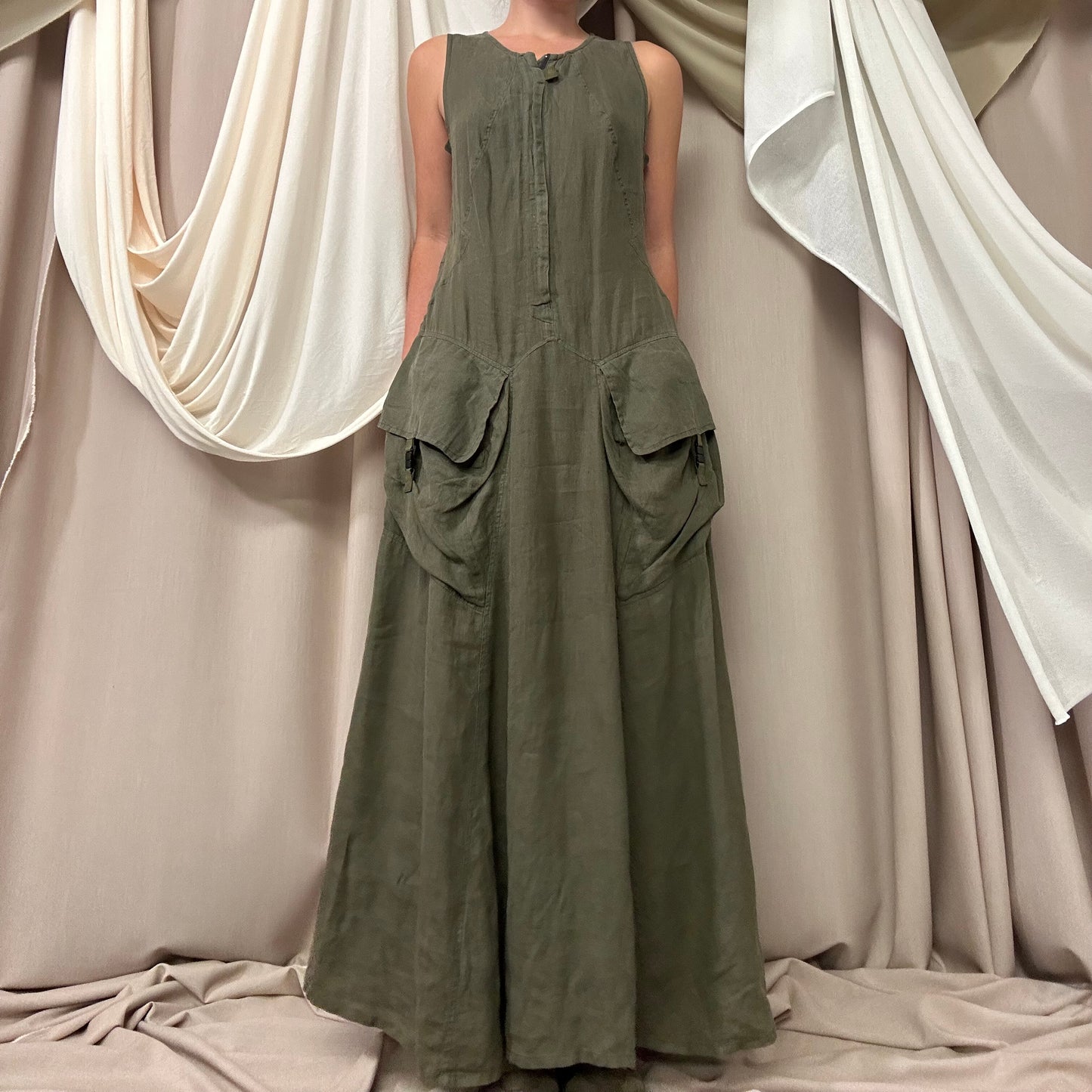 KHAKI LINEN CARGO MAXI DRESS by Marithé + François Girbaud