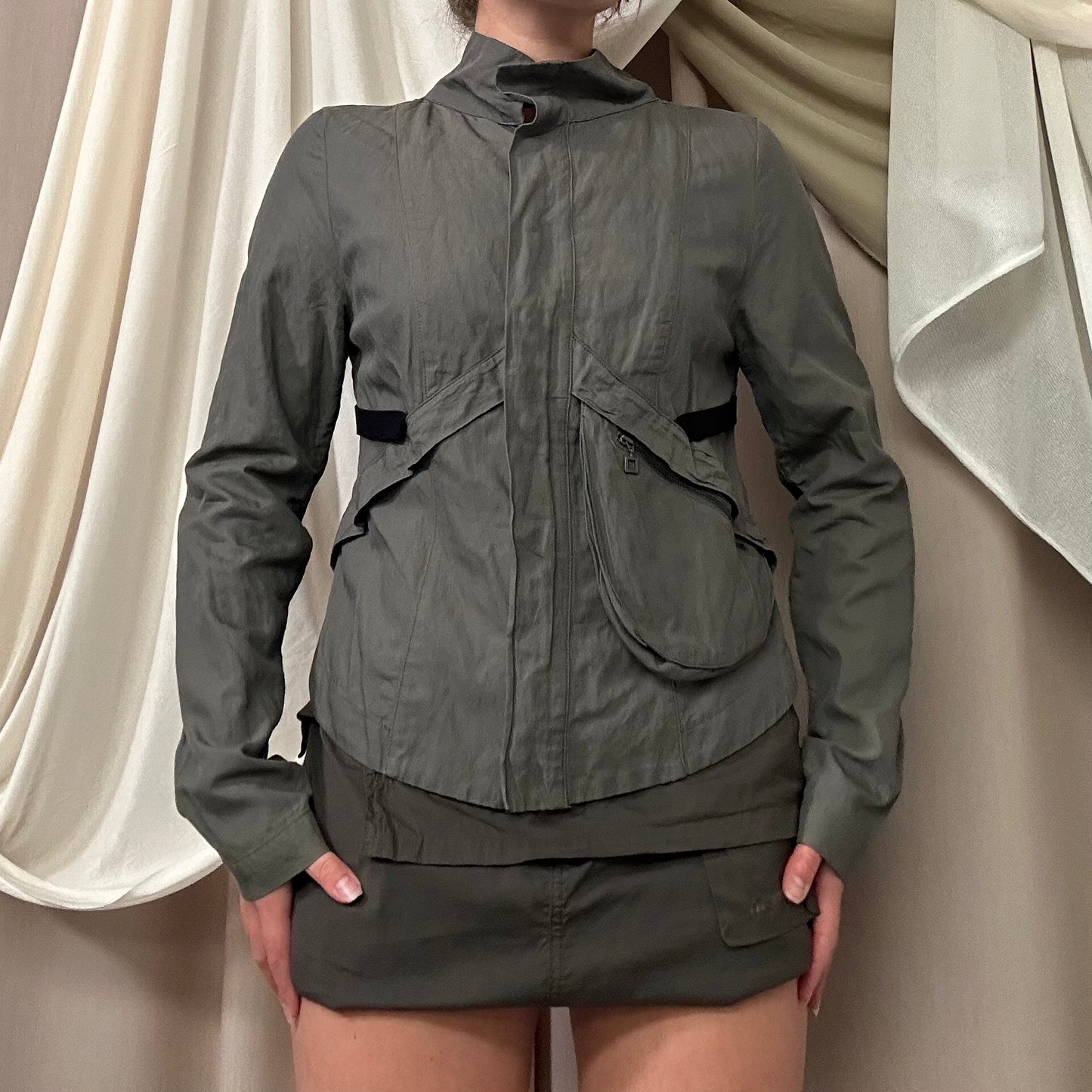 GREY STRAPPY UTILITY JACKET by Sarah Pacini