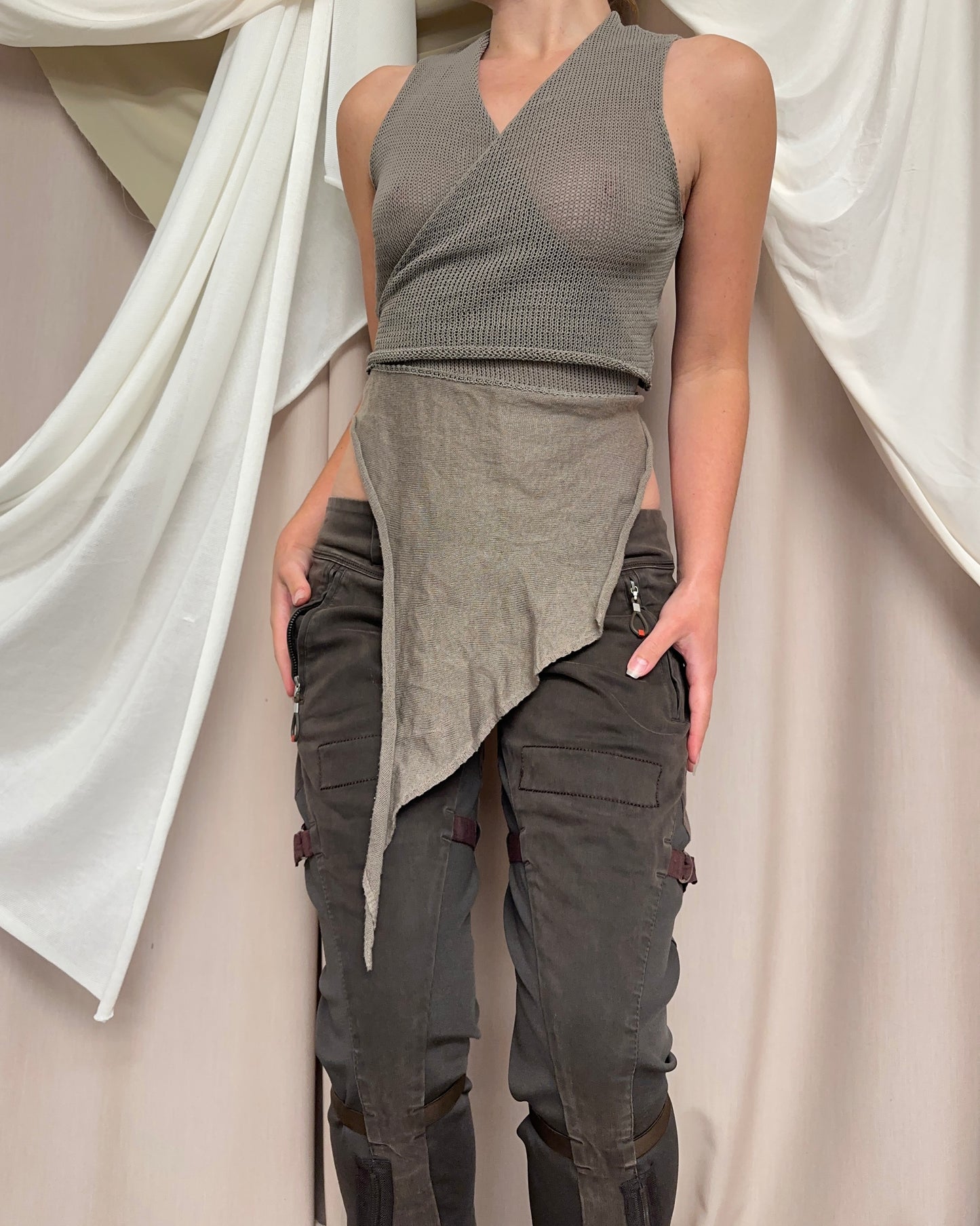 KHAKI MODULAR WRAP STYLE KNIT VEST by Sarah Pacini