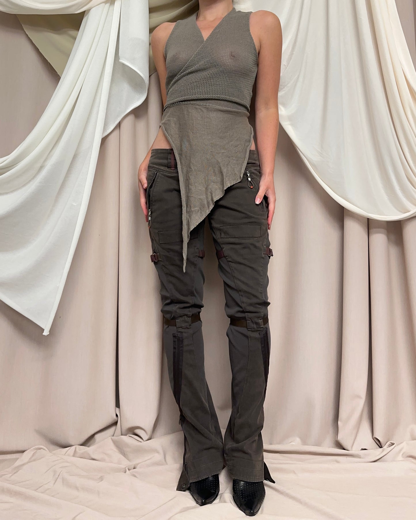 KHAKI MODULAR WRAP STYLE KNIT VEST by Sarah Pacini