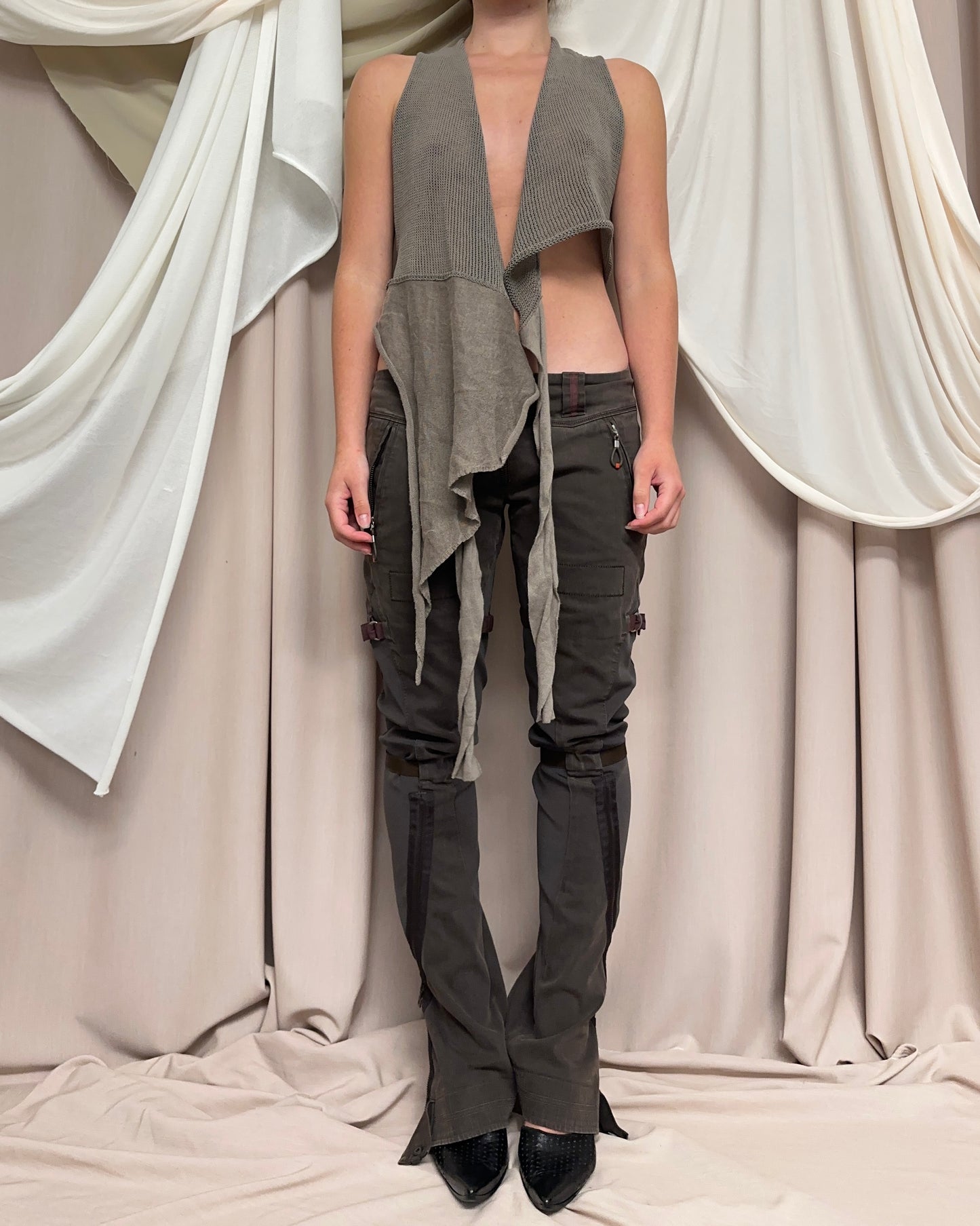 KHAKI MODULAR WRAP STYLE KNIT VEST by Sarah Pacini