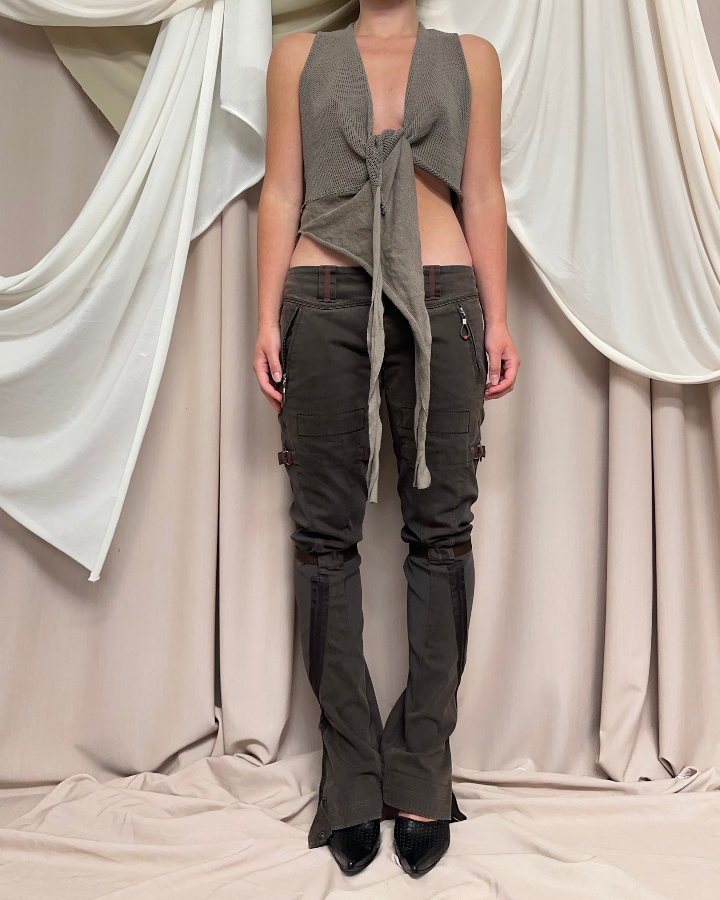 KHAKI MODULAR WRAP STYLE KNIT VEST by Sarah Pacini
