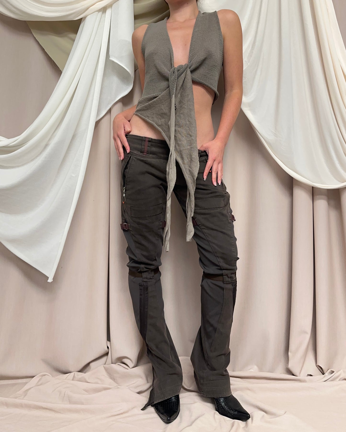 KHAKI MODULAR WRAP STYLE KNIT VEST by Sarah Pacini