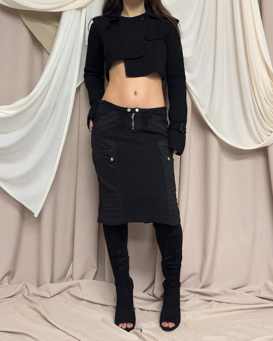 BLACK KNIT CARGO SKIRT WITH SILK PANELS