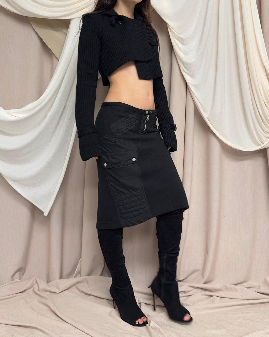 BLACK KNIT CARGO SKIRT WITH SILK PANELS