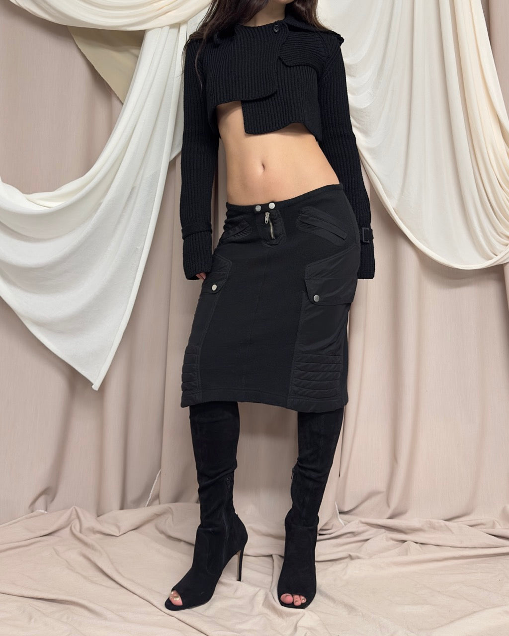 BLACK KNIT CARGO SKIRT WITH SILK PANELS