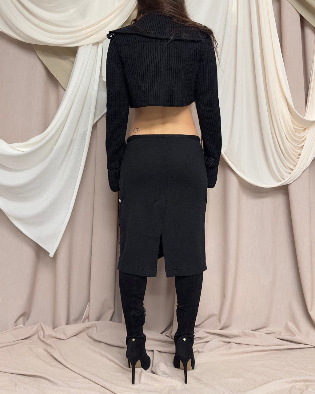 BLACK KNIT CARGO SKIRT WITH SILK PANELS