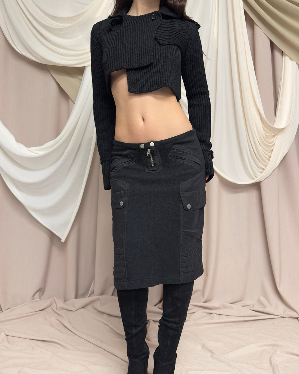 BLACK KNIT CARGO SKIRT WITH SILK PANELS