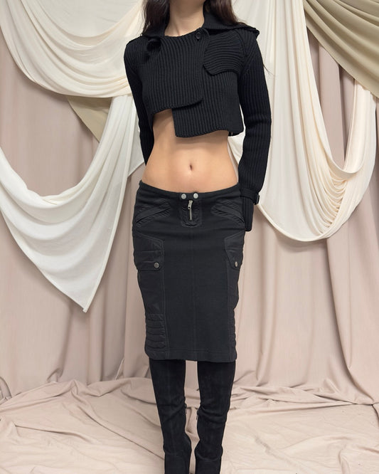 BLACK THICK KNIT CROP JUMPER WITH LAPEL DETAILS