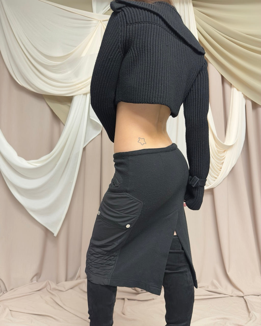 BLACK KNIT CARGO SKIRT WITH SILK PANELS
