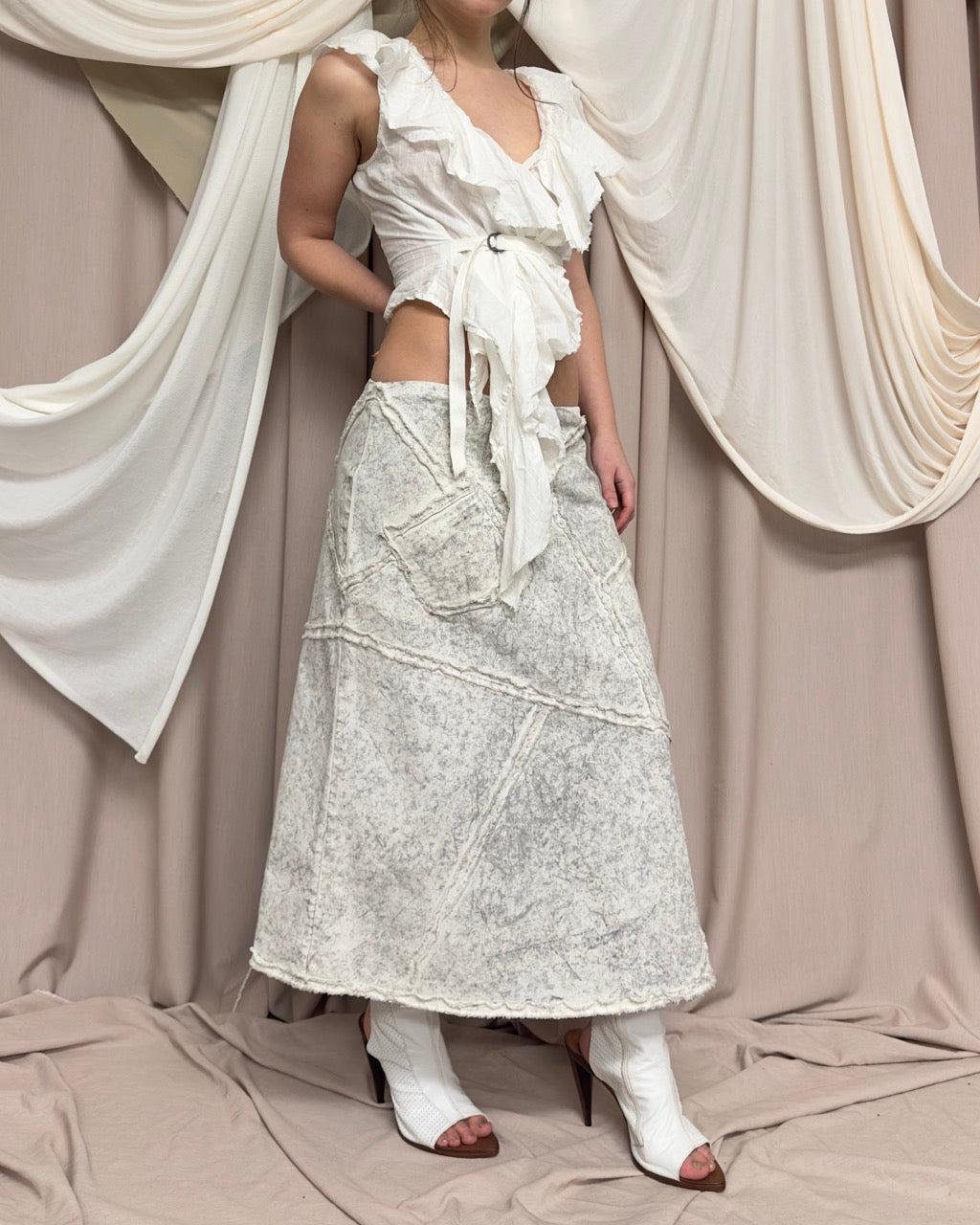 'DIRT' EFFECT DISTRESSED WHITE MAXI SKIRT