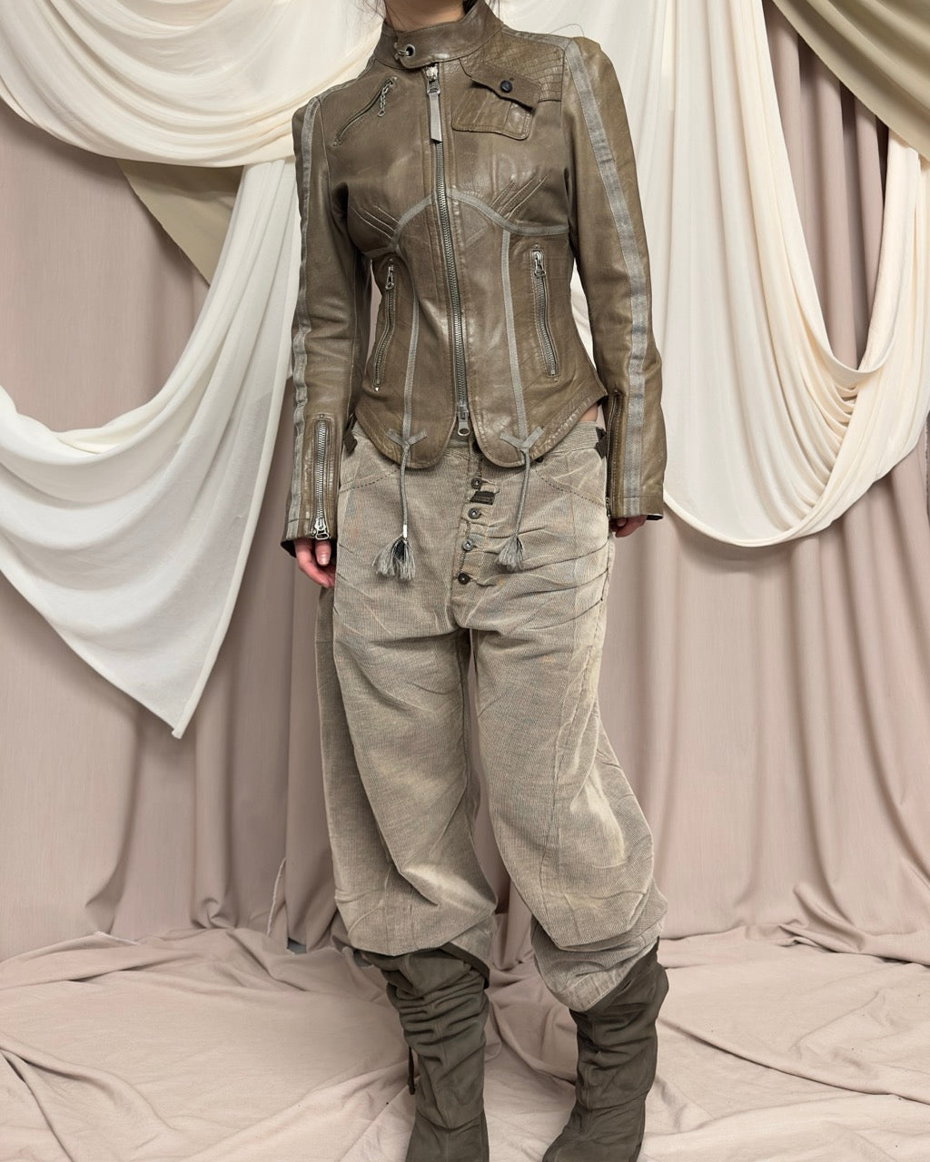 KHAKI LEATHER MOTO JACKET by Diesel