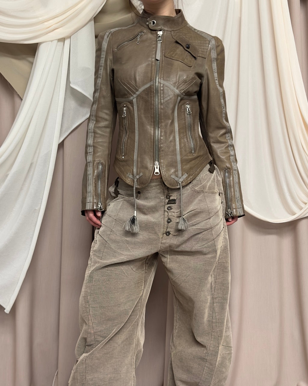 KHAKI LEATHER MOTO JACKET by Diesel