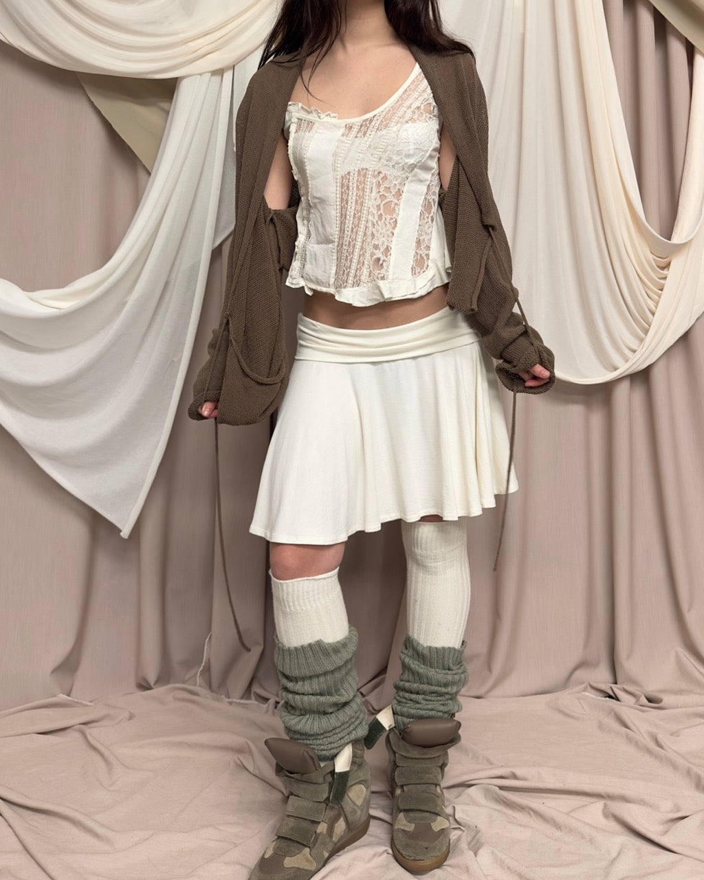 KHAKI KNIT WRAP SHRUG by Sarah Pacini