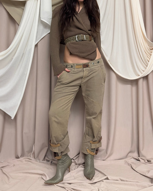 KHAKI LEATHER STRAP TROUSERS by Replay