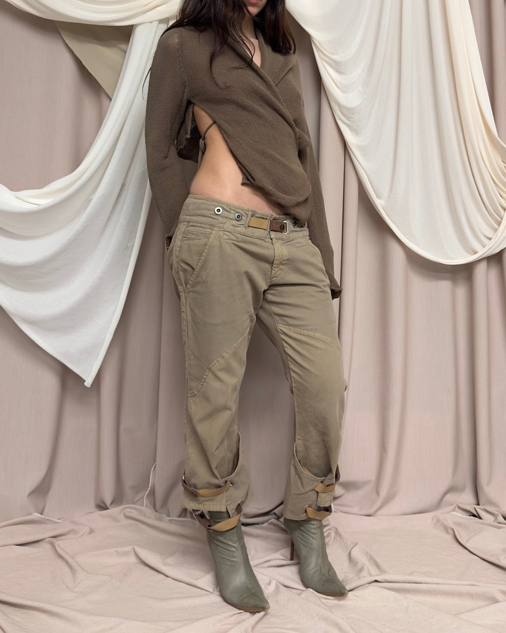 KHAKI LEATHER STRAP TROUSERS by Replay