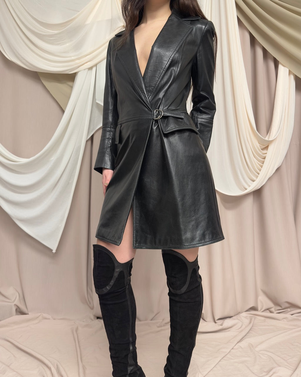 BLACK LEATHER COAT BY PLEIN SUD