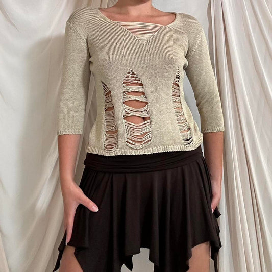 BEIGE KNIT JUMPER WITH DISTRESSED SLASH CUT OUTS by Hybris